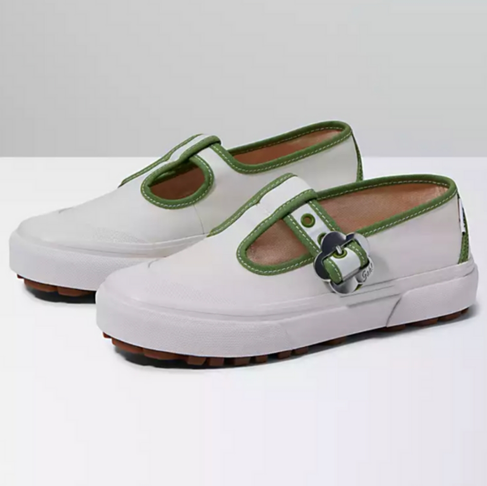 Lisa Says Gah White and Green Sneakers with Retro Strap